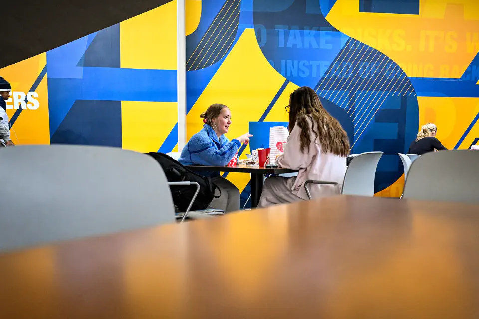 Students chat as they eat lunch beneath the stairs in front of the colorful graphic on the wall at the Mountainlair food court in Morgantown, WV, on Wednesday, February 11, 2026.
